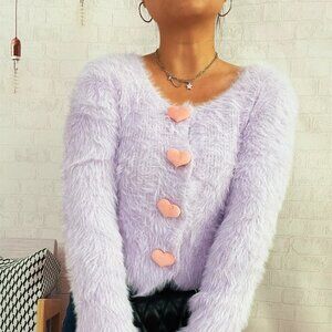 Fuzzy Heart Shape Button-Up Cardigan